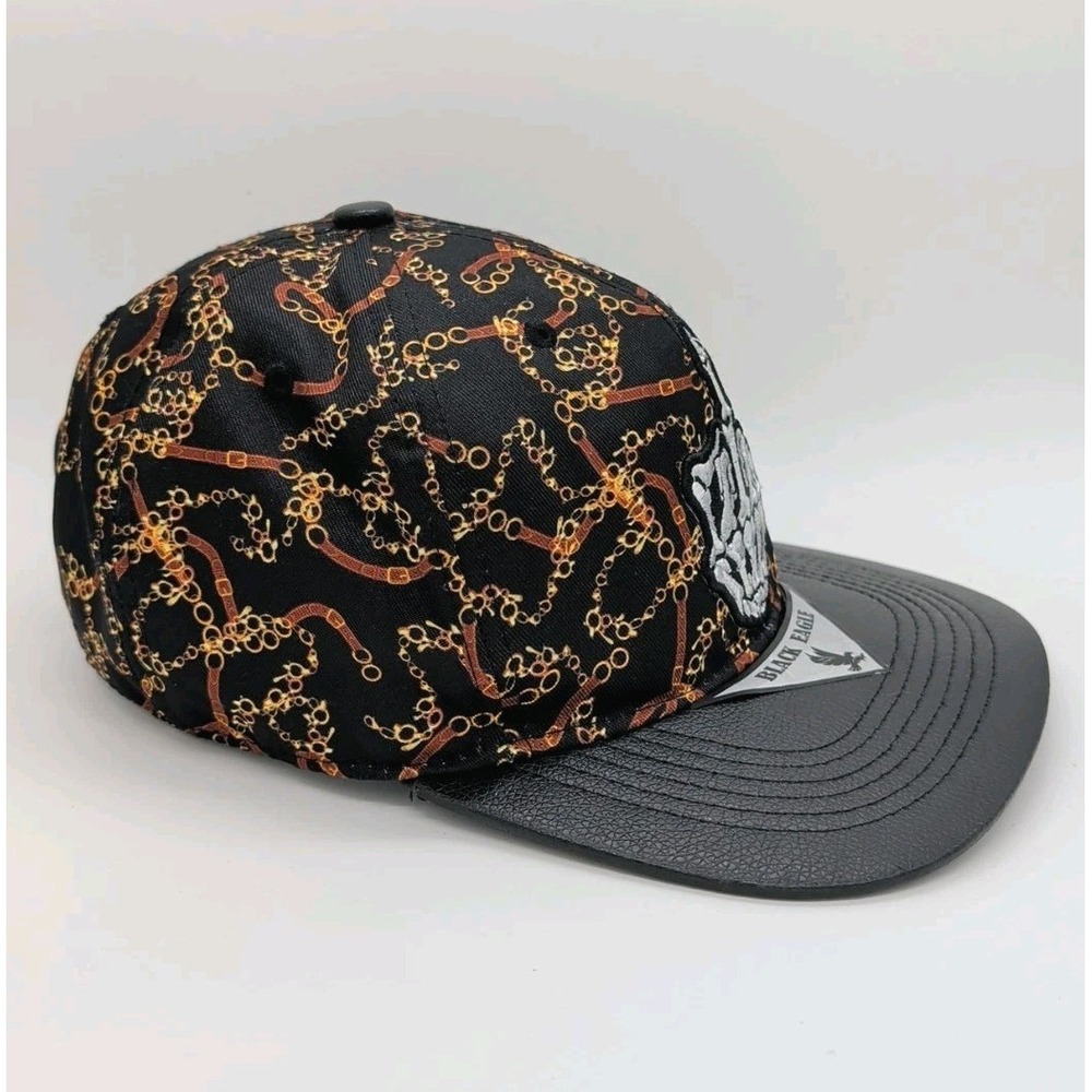 Skeleton Middle Finger Embroidered Hat Chain-Link & Black Flat Bill Snapback Cap - Picture 3 of 11